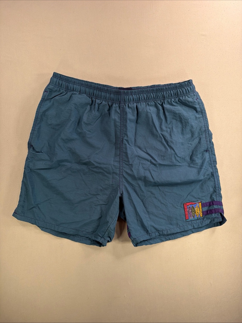 Vintage Men's Teal Elastic-Waist Swim Trunks with Embroidered Logo Patch